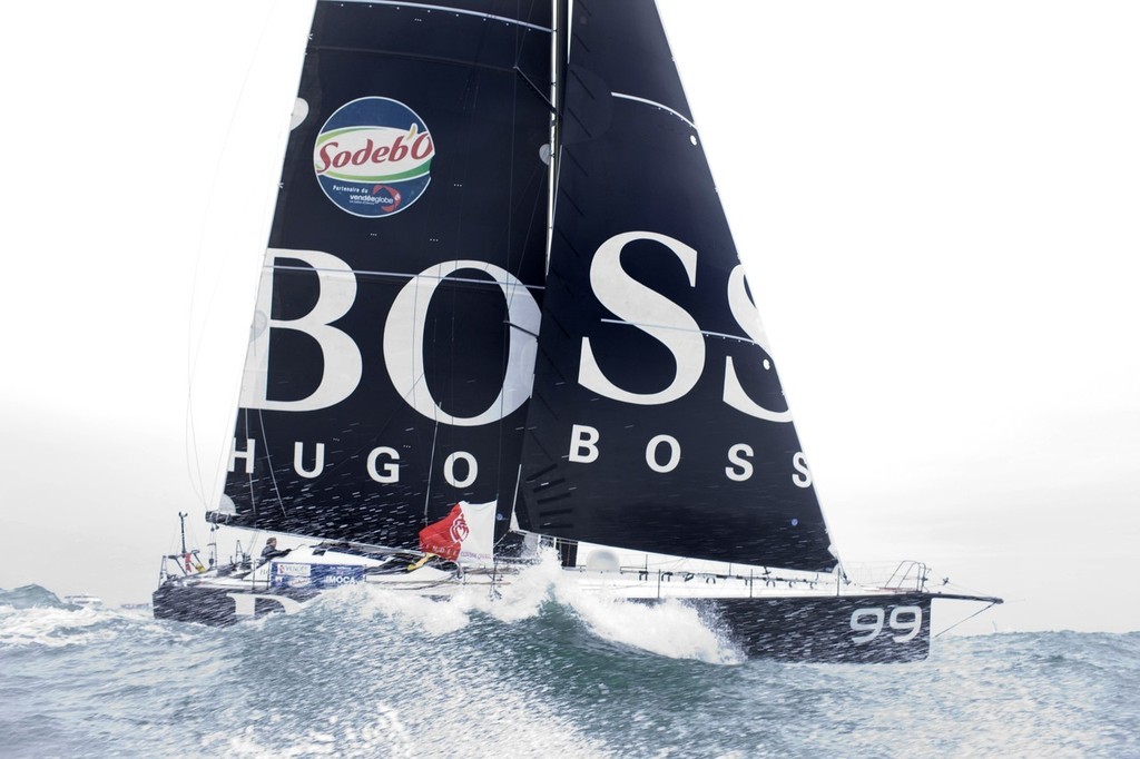 Alex Thomson, sheets on her North NZ sails on Hugo Boss after the start of the Vendee Globe Race. © Jonathan Glynn-Smith