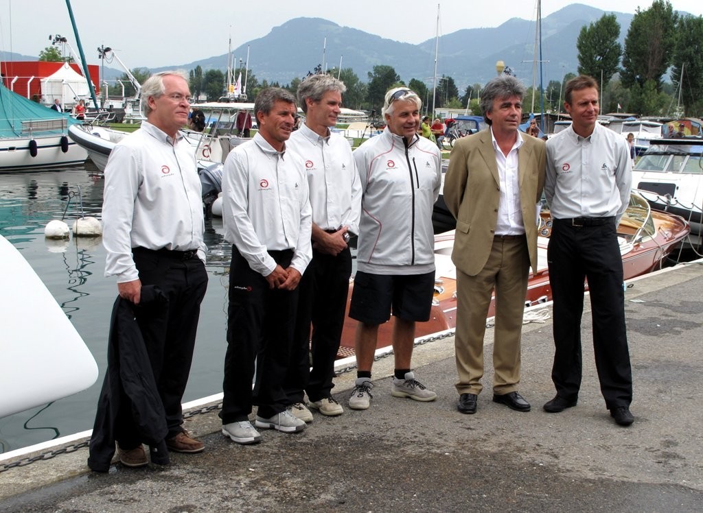 Alinghi team from left  Rolf Vrolijk, Murray Jones, Grant Simmer, Brad, Butterworth, Patrick Aebischer from the EPFL and Ernesto Bertarelli photo copyright Sail-World (JPJ) www.sail-world.com taken at  and featuring the  class