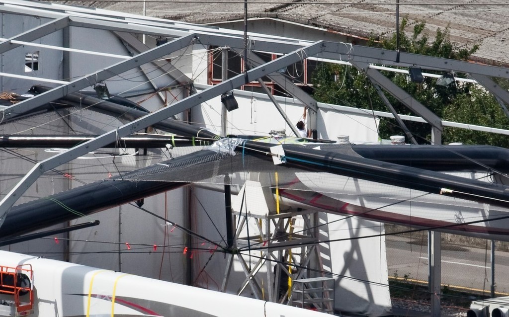 Alinghi 5: Close up of dolphin striker under mast position. Note temporary opposing strut. The two Y aft running beams can be seen, which intersect with the forward prodder at the mast juncture. photo copyright Bruno Cocozza@Alinghi www.alinghi.com taken at  and featuring the  class