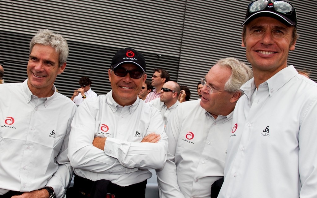 2009 - Alinghi 5 key players in the giant catamaran From left: Grant Simmer, Dirk Kramers, Rolf Vrolijk, Ernesto Bertarelli © Bruno Cocozza@Alinghi www.alinghi.com