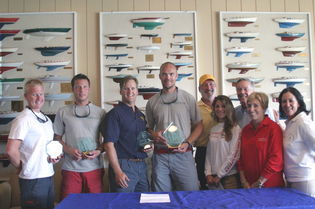Winners of the 2006 Knickerbocker Cup (l to r):  Johan Sawensten, Par Johansson, Peter Thorwid, Martine Angsell, Knickerbocker YC Vice Commodore Robert Lager, Carrie Morea, granddaughter of the late Edward du Moulin who founded the Knickerbocker Cup, Steve and Doris Colgate who loaned their Colgate 26s for the event, and Event Chair, Paula Davis. photo copyright Andrea Watson www.sailingpress.com taken at  and featuring the  class