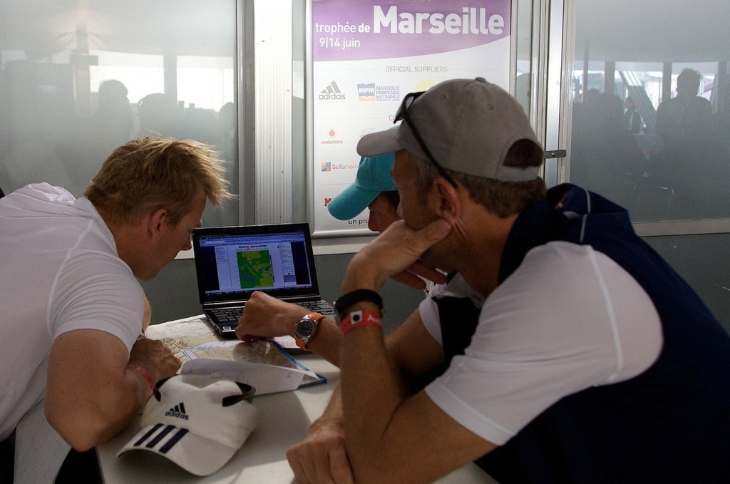 The Cristabella (UK) crew check out the day&rsquo;s wind using PredictWind photo copyright Ian Roman/Audi MedCup http://2008.medcup.org/home/ taken at  and featuring the  class