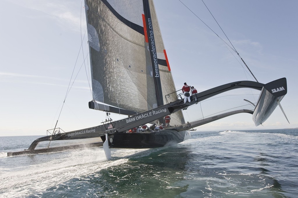 BMW Oracle Racing flies a main hull on Day 3, Anacortes © BMW Oracle Racing Photo Gilles Martin-Raget http://www.bmworacleracing.com