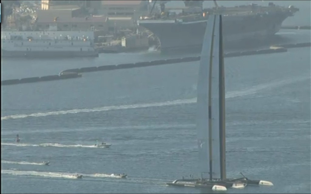 BOR90 with an aircraft carrier in the back ground, in San Diego Bay © Fox 5 www.fox5sandiego.com