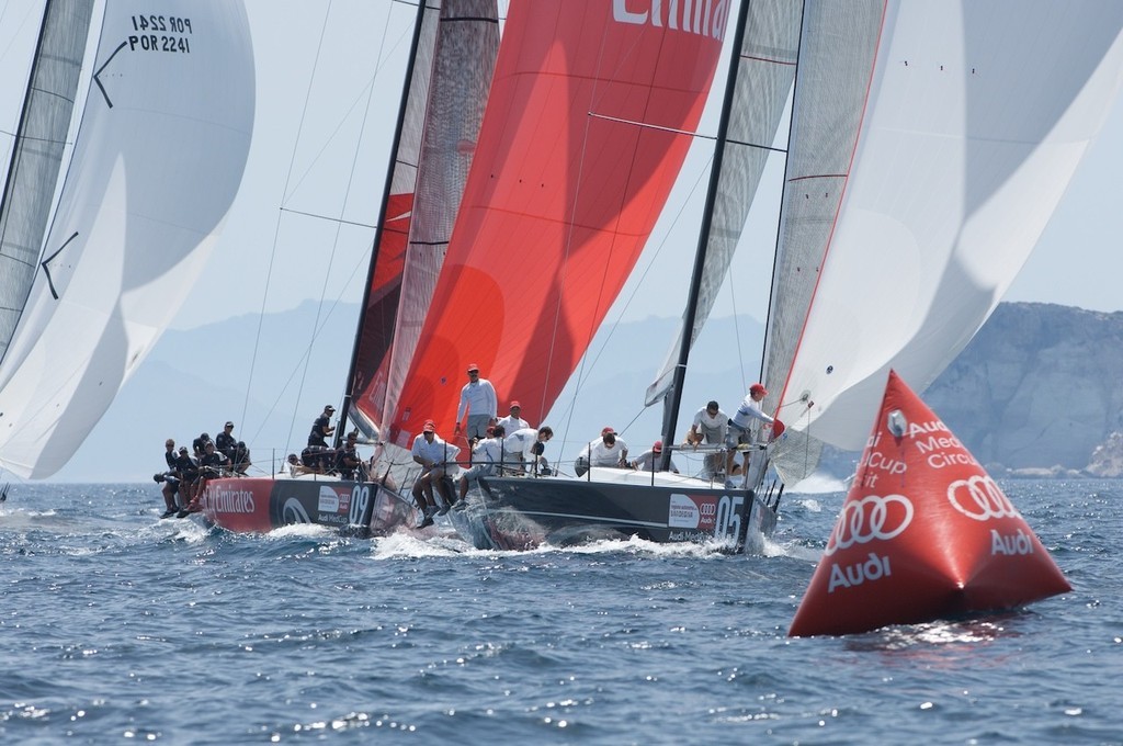 Artemis and Emirates Team New Zealand NZL380 are first and second around the mark, day three, Sardinia Trophy, Audi MedCup 23/7/2009 © Emirates Team New Zealand / Photo Chris Cameron ETNZ 