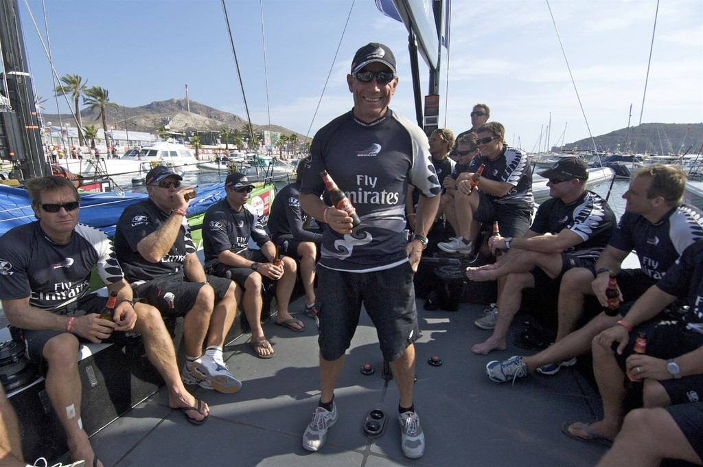 Emirates Team New Zealand celebrate  with a few Estrella Damm Beers on NZL380 after winning the Caja Mediterra´neo Region of Murcia Trophy and the MedCup 2009. 19/9/200 © Emirates Team New Zealand / Photo Chris Cameron ETNZ 