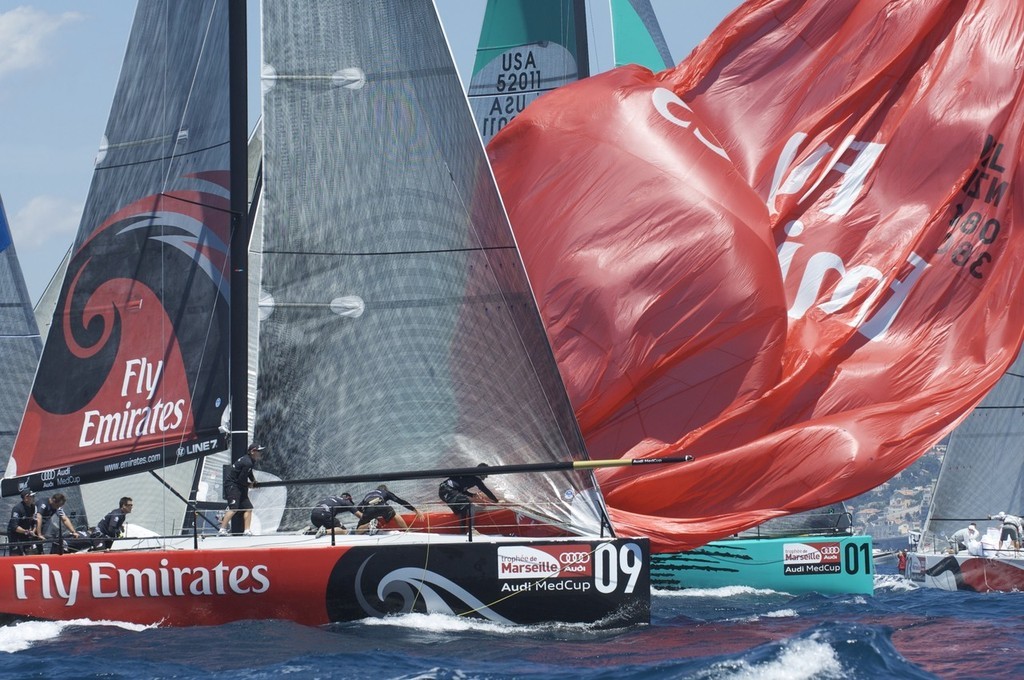 Emirates Team New Zealand NZl380 spinnaker drop in race four. Day two of the Trophee de Marseille, MedCup 2009 regatta.  &copy; Emirates Team New Zealand / Photo Chris Cameron ETNZ 
