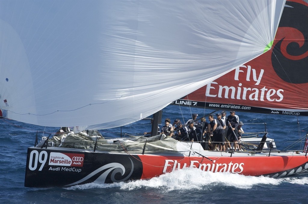 Emirates Team New Zealand NZL380 lead the fleet on the first leeward leg of race nine, day four, Trophee de Marseille, MedCup 2009 regatta. 13/6/2009 © Emirates Team New Zealand / Photo Chris Cameron ETNZ 