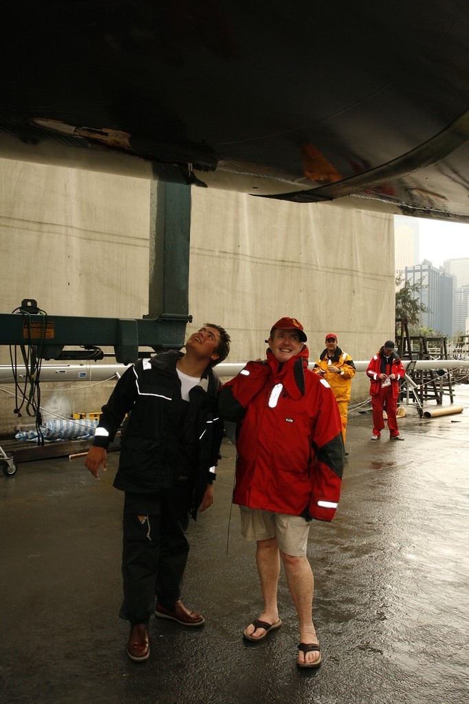 Alex Simpson and owner Geoff Hill take a look at where Strewth’s keel ought to be... Rolex China Sea Race 2008. © Guy Nowell http://www.guynowell.com