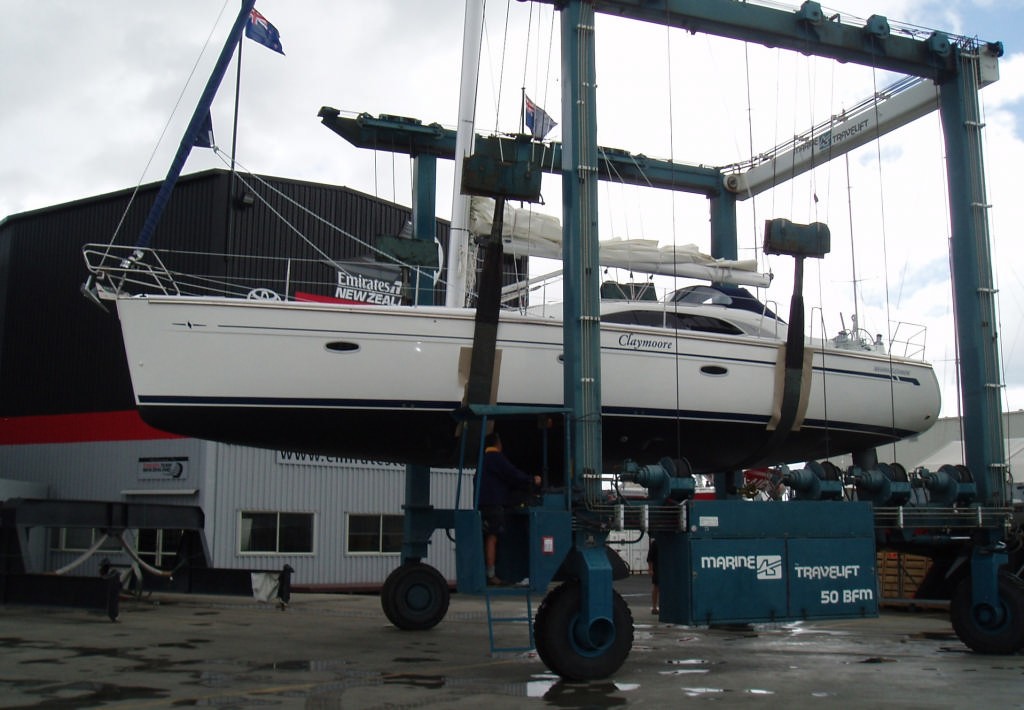 Bavaria 44 Vision ``Claymoore`` launch - Claymoore in the slings at the Viaduct Harbour Marine Village photo copyright International Marine Brokers New Zealand www.internationalmarine.co.nz taken at  and featuring the  class