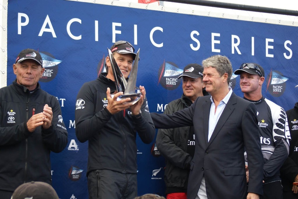 Grant Dalton, Dean Barker and Yves Carcelle (Louis Vuitton) after the presentation of the Louis Vuitton Pacific Series Trophy © Richard Gladwell www.photosport.co.nz