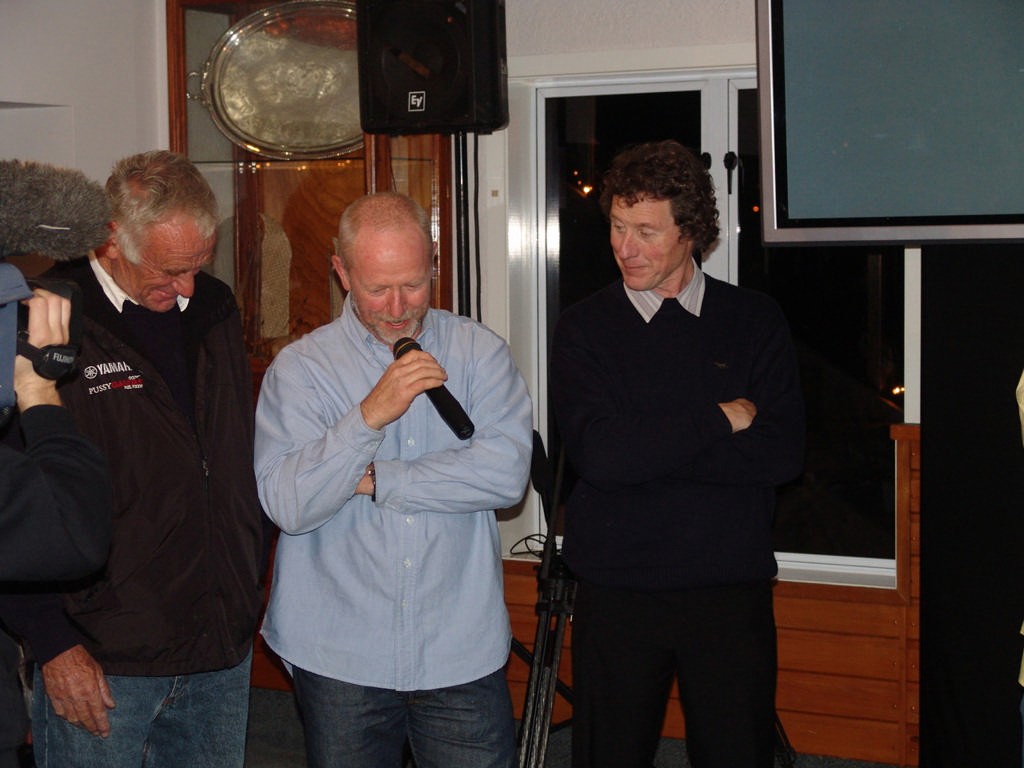 Each of the crew took a turn to talk with Pippa Blake. Here, Don England speaks with Paul von Zalinski on the left and Richard MacAlister on the right. photo copyright Richard Gladwell www.photosport.co.nz taken at  and featuring the  class