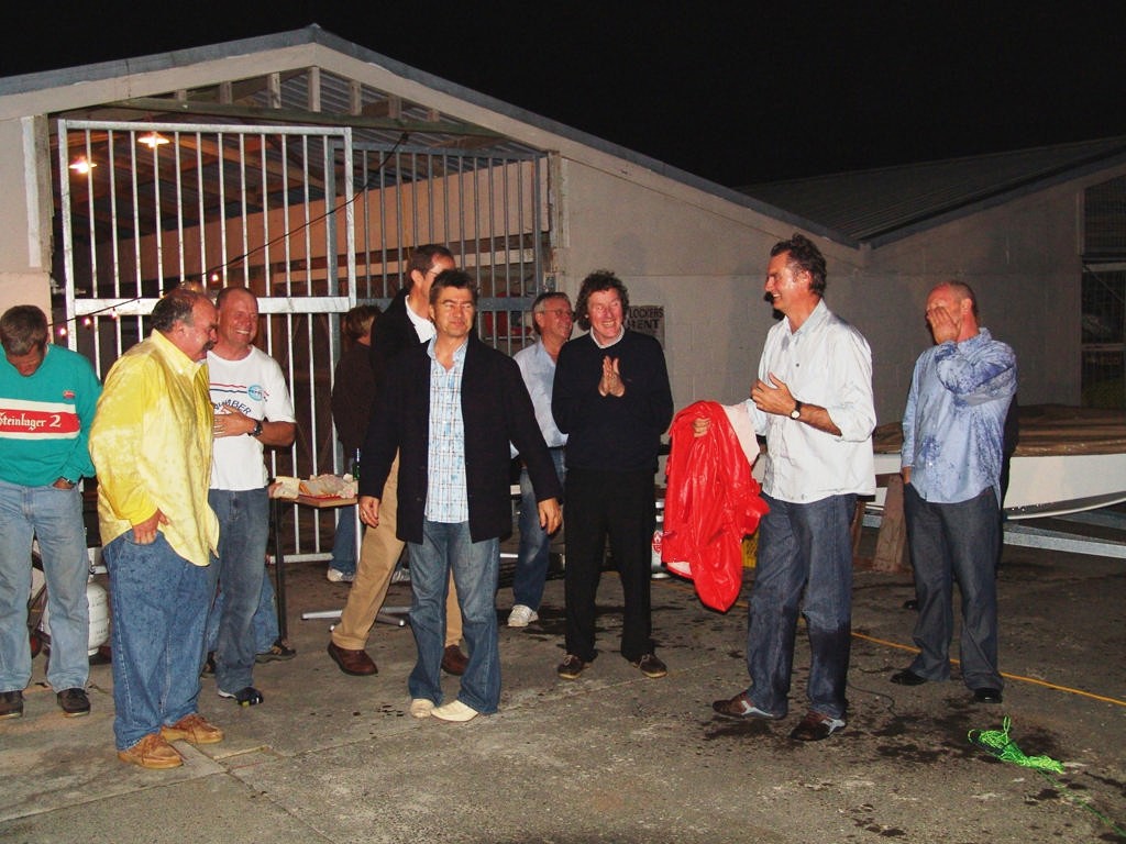 A very wet Ceramco crew reflect on the 25th anniversary of mast falling down. © Richard Gladwell www.photosport.co.nz