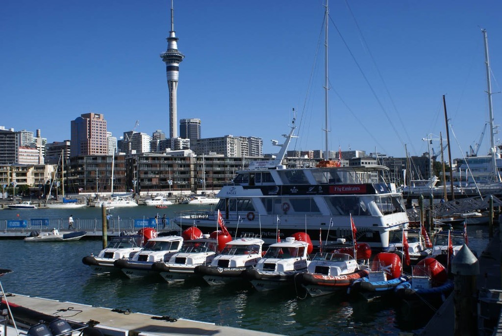 The fleet of official boats are impressive for just a four yacht regatta. © Richard Gladwell www.photosport.co.nz