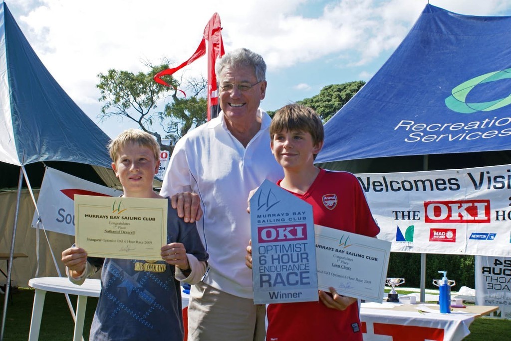 Peter Montgomery with Nataniel Deverell (left) and Liam Closey winners of the OKI Opti Six Hour Race, Lake Pupuke © Richard Gladwell www.photosport.co.nz