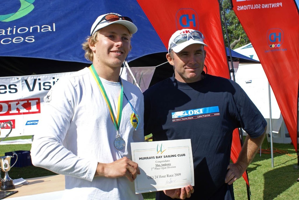 Max Andrews (left) with Ray Davies (ETNZ)OKI 24 Hour Race, Lake Pupuke. The other half of the runners up, Chris Kitchen, had to leave early to race an 18ft skiff, and missed the prizegiving. © Richard Gladwell www.photosport.co.nz