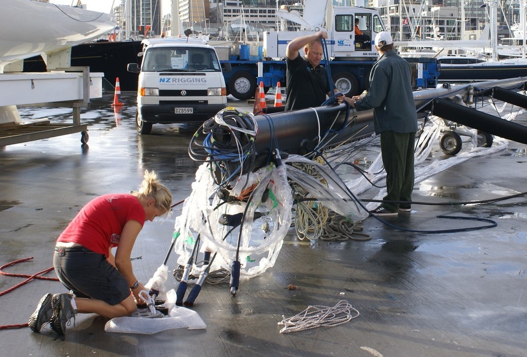 Richard ``Bart`` Bearda (centre) works with other NZ Rigging staff prior to the stepping of Beau Geste’s rig, for which NZ Rigging provided the running rigging. photo copyright Richard Gladwell www.photosport.co.nz taken at  and featuring the  class