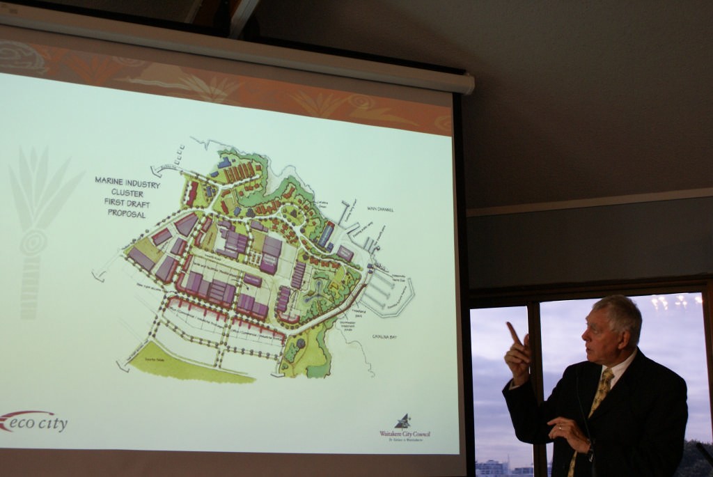 Waitakere Mayor, Bob Harvey explains the detail of the new Superyacht Capital at Hobsonville, which will see buildings, deepwater launching facilities and a new town established in a new marine suburb. photo copyright Sail-World.com/NZ  taken at  and featuring the  class