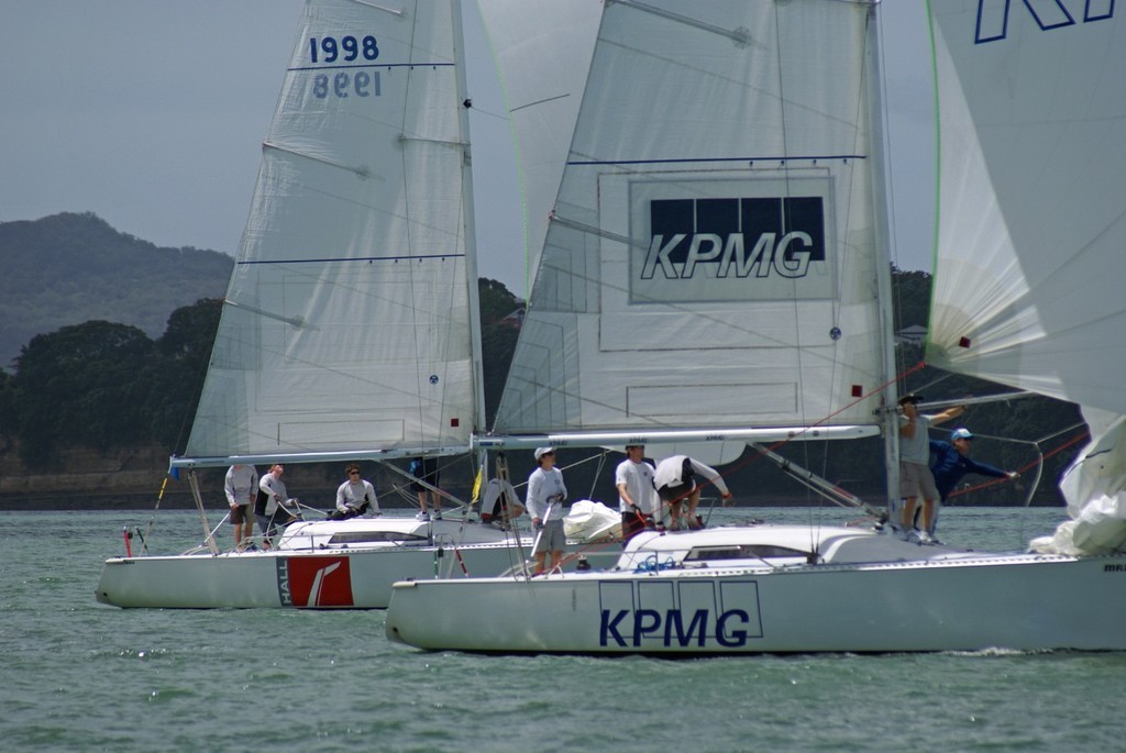 Adrian Short leads Rueben Corbett on day 1 of the 2008 New Zealand Match Racing Championships © Richard Gladwell www.photosport.co.nz