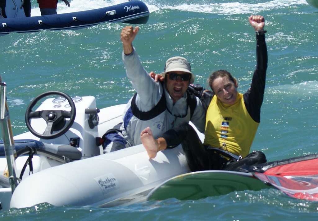 <b>Sensini and her coach are elated with her win in the 2008 RS:X Worlds, Womens Medal Race and fourth world boardsailing title</b> © Richard Gladwell www.photosport.co.nz