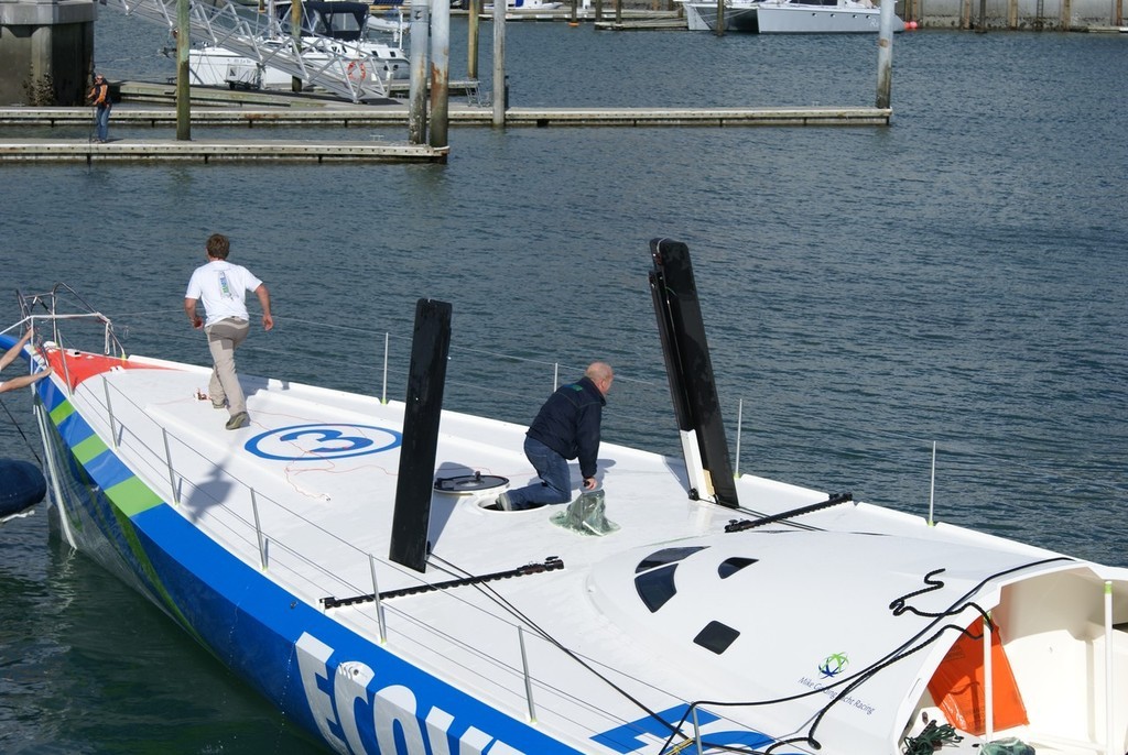 Skipper Mike Golding emerges from Ecover&rsquo;s self-righting test - Auckland&rsquo;s Viaduct Harbour photo copyright Richard Gladwell www.photosport.co.nz taken at  and featuring the  class