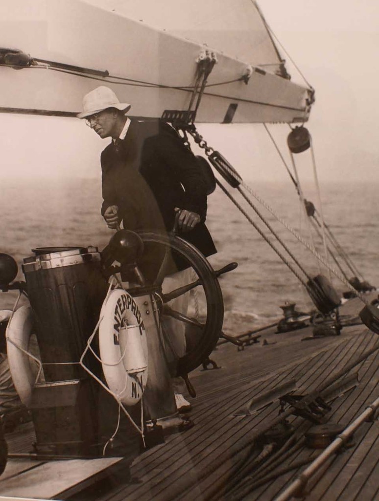 Edwin Levick: Harold Vanderbilt at the helm of his J Class Enterprise in 1930. He easily beat the last of the Shamrock’s (Sir Thomas Lipton) who died a year later © Richard Gladwell www.photosport.co.nz