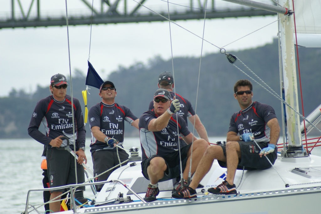 The Emirates Team New Zealand crew consider their options on the final run of the first day of Day 1 Auckland Matchracing Cup 2007 © Sail-World.com /AUS http://www.sail-world.com