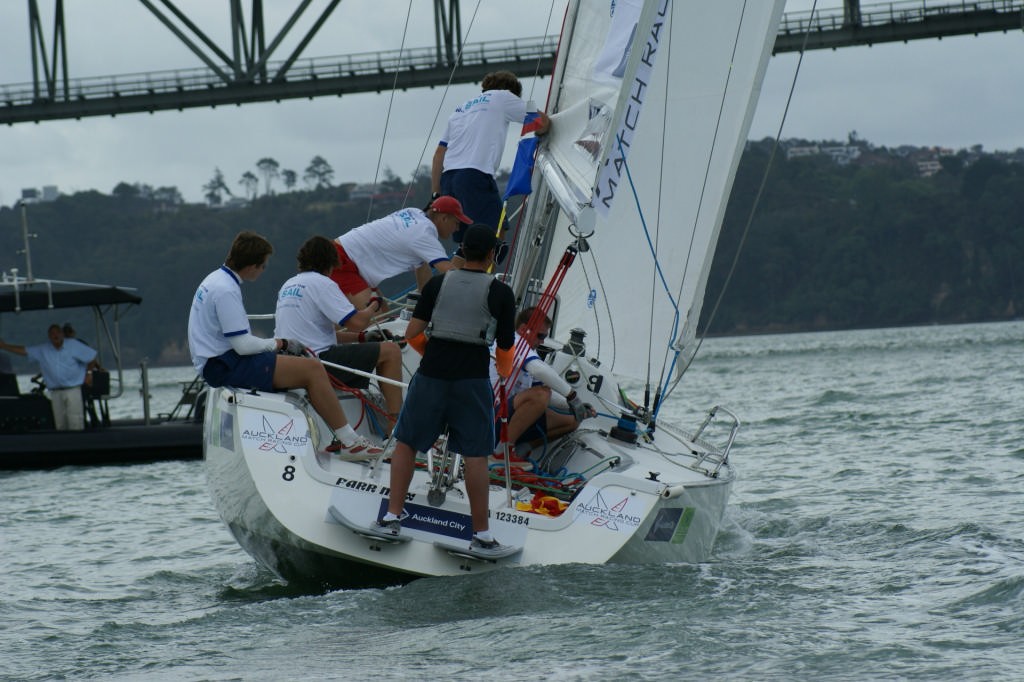 RNZYS Commodore, John Crawford looks on as the Russian crew round the windward mark in their final match of Day 1 in the Auckland Matchracing Cup 2007 © Sail-World.com /AUS http://www.sail-world.com