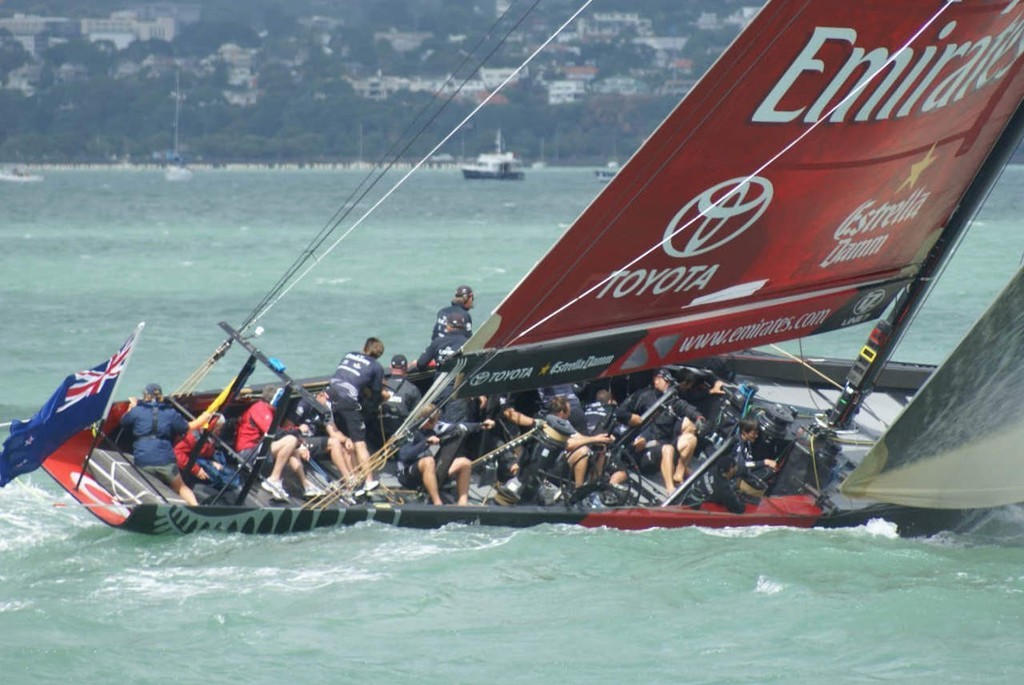 The AC50 with its cycling team is a complete contrast to the grinding teams on IACC class of just seven years ago. © Richard Gladwell www.photosport.co.nz