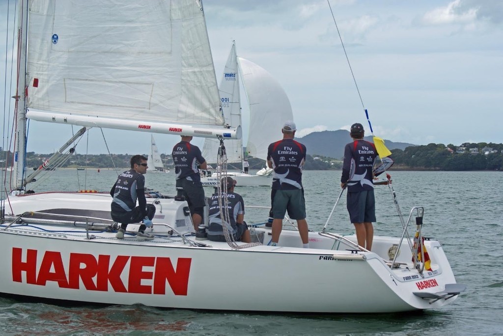 Dean Barker and the Emirates Team NZ crew watch the action after their race on the first day of 2008 New Zealand Match Racing Championships © Richard Gladwell www.photosport.co.nz