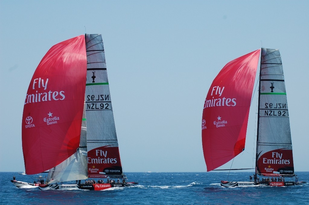 NZL-92 and NZL-84 work out under spinnaker before the start of Race 5 &copy; Valenciasailing.com http://www.valenciasailing.com