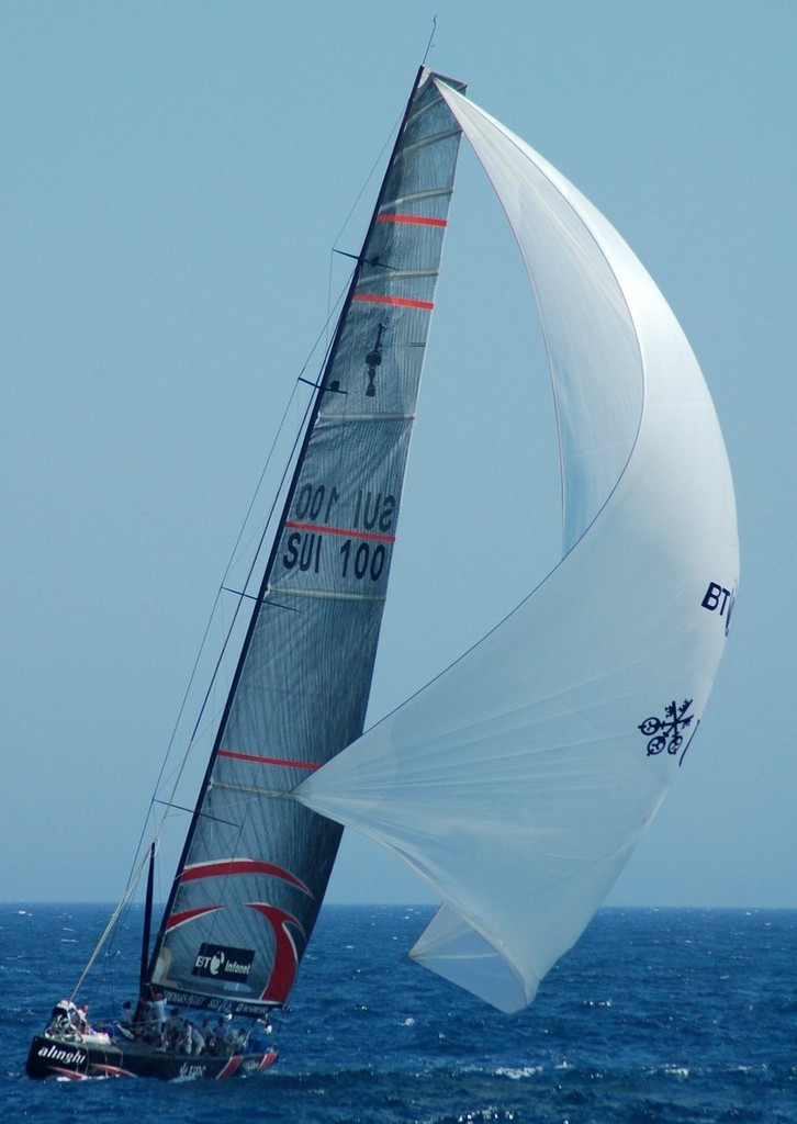 Alinghi copes with a broken spinnaker pole after the wind change, just before the finish of Race 7, America&rsquo;s Cup 32 photo copyright Valenciasailing.com http://www.valenciasailing.com taken at  and featuring the  class