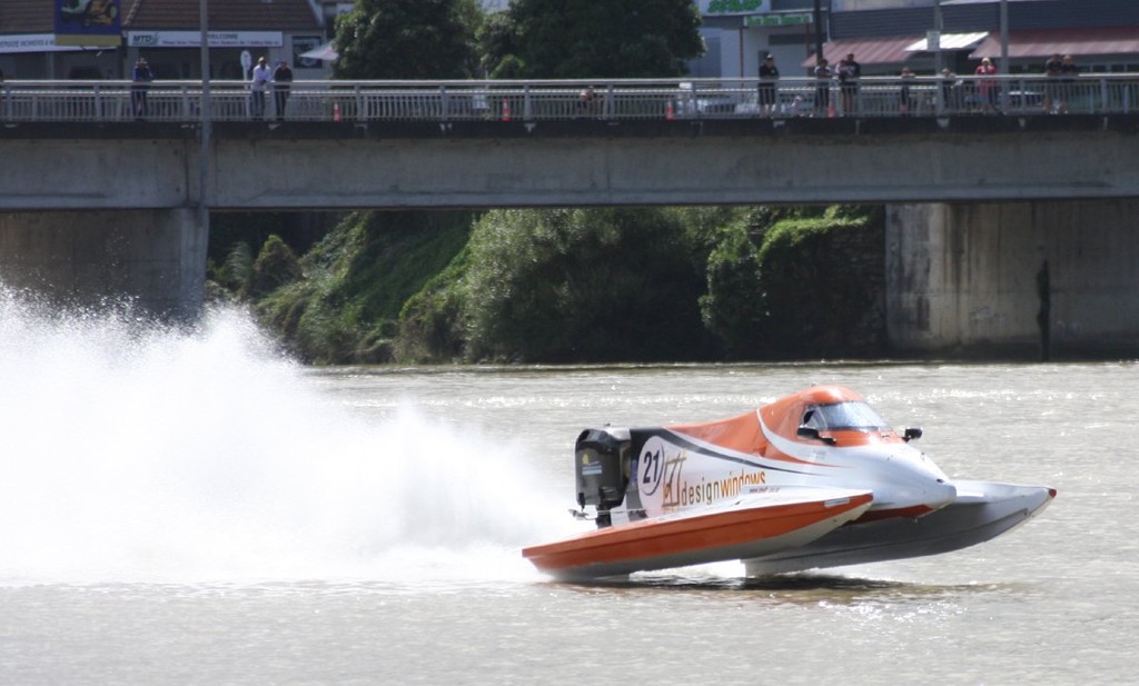 Anthony Robinson&rsquo;s tunnel boat, &rsquo;Design Windows&rsquo;, may not have had the horsepower to equal some of the hydroplanes, but the tight course enabled him to snatch third place in 45.17 seconds. photo copyright New Zealand Hydroplane Drivers Club .Phillip Hoskyn http://www.nzgrandprixhydroplane.com taken at  and featuring the  class
