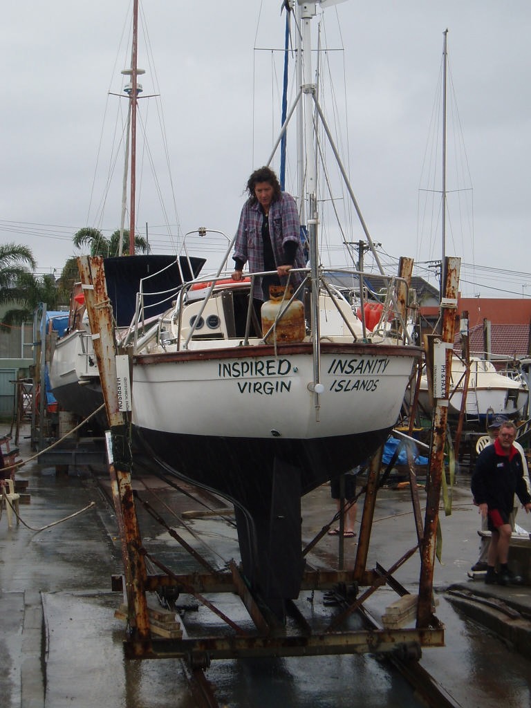 Donna on board as her boat is gently slipped. photo copyright Jane Pares - IMB taken at  and featuring the  class