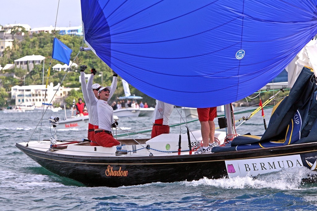Johnnie Berntsson and crew celebrate their win as the croos the finish line on the final day of King Edward VII Gold Cup © WMRT http://www.worldmatchracingtour.com