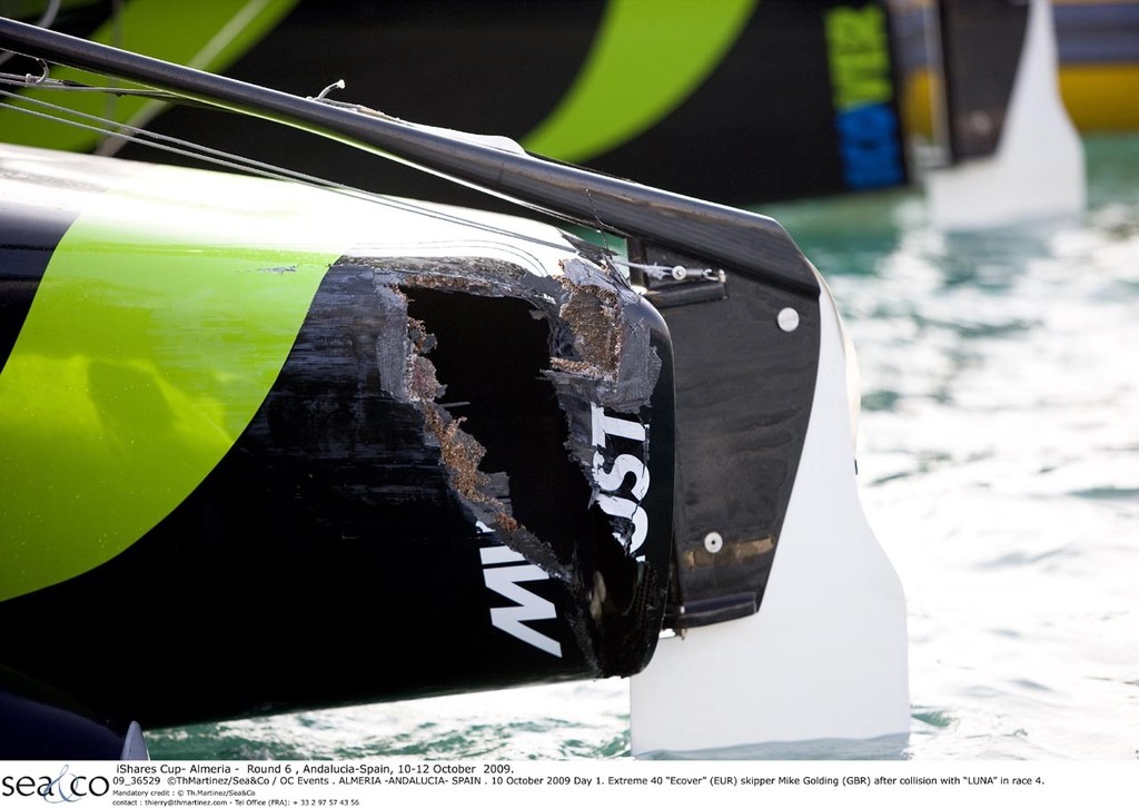 Day 1. Extreme 40 ``Ecover`` (EUR) skipper Mike Golding (GBR) after collision with ``LUNA`` in race 4 - iShares Cup, Almeria. ©ThMartinez/Sea&Co / OC Events . photo copyright ThMartinez / Sea & Co - Copyright http://www.thmartinez.com taken at  and featuring the  class