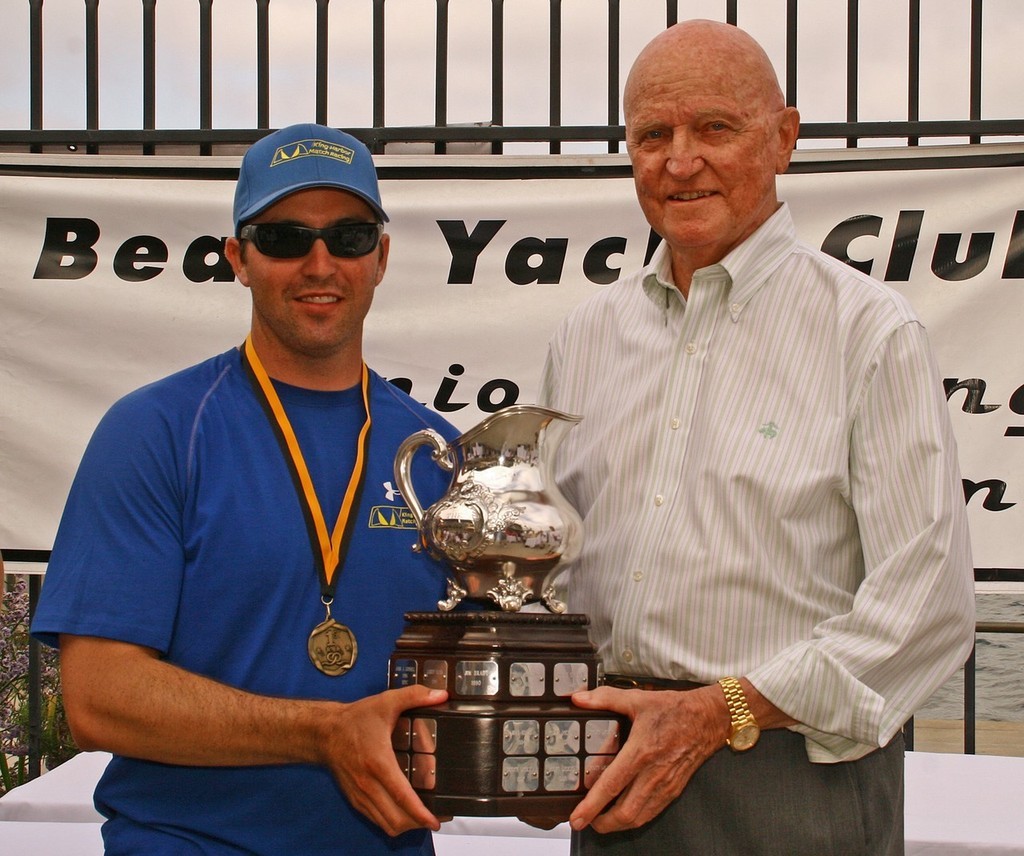 Brian Ange (l) accepts the Ficker Cup from trophy namesake Bill Ficker (r) in the 2008 Ficker Cup © Rick Roberts 