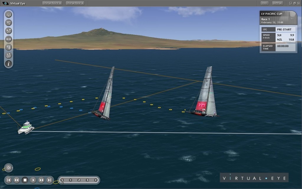 At the start of the Louis Vuitton Pacific Series Trophy - Race 1 - Alinghi has got back into the game, although Emirates Team NZ started with a small advantage and heading for the left hand side of the course looking fir the shift they expected. © ARL Media http://www.arl.co.nz/