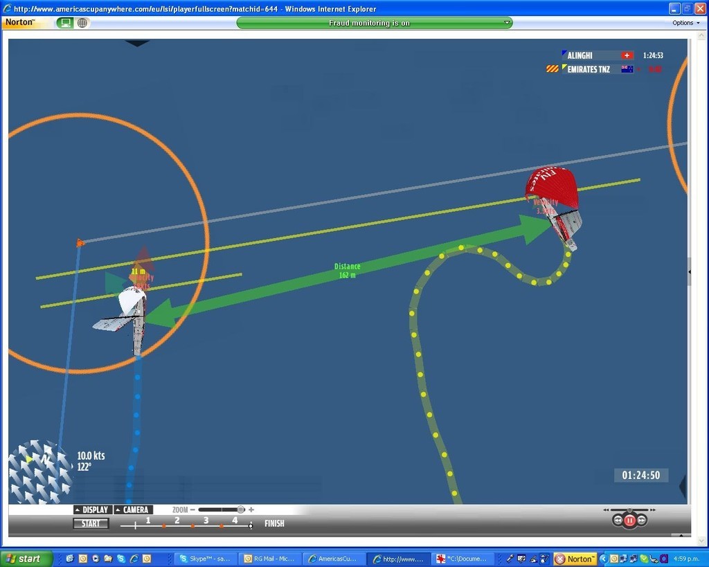 GPS - Finish 1, showing the distance of NZL-92 and SUI-100 at the time the two lined up to finish, with Alinghi 11 metres behind, butsailing more than twice as fast. © AmericasCupAnywhere.com www.americascupanywhere.com