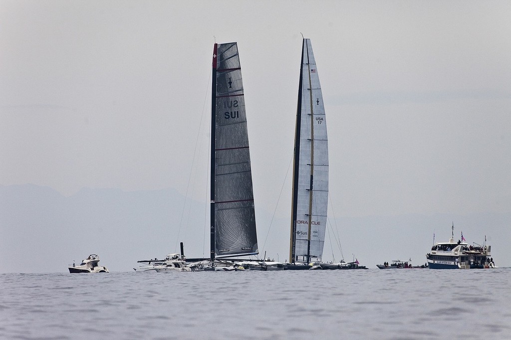 33rd America’s Cup - BMW ORACLE Racing - Day 1 - The difference between the wingsail and softsail is evident - even though the softsail has more area © BMW Oracle Racing: Guilain Grenier - copyright http://www.oracleracing.com