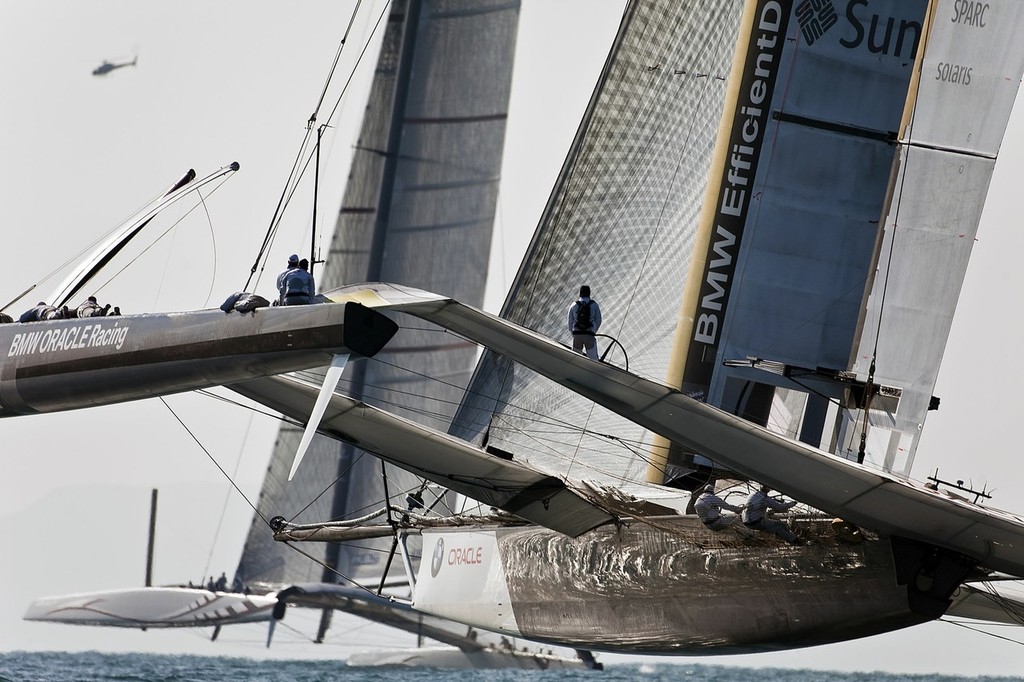 USA-17 pursues Alinghi 5 - Race 1, 33rd America’s Cup, Valencia. Her crew flew her off the instruments 