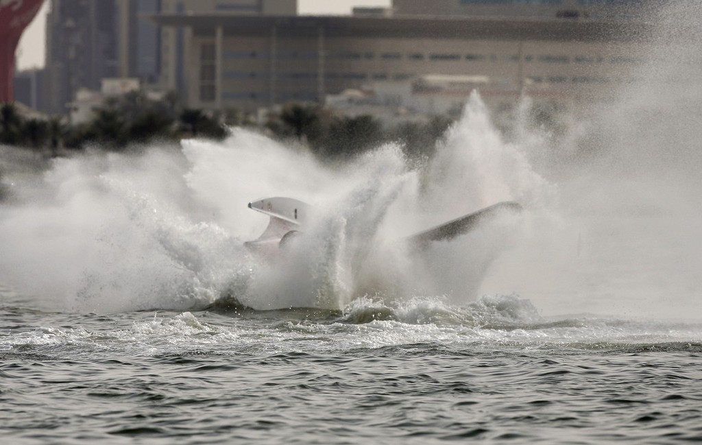 STAN KOURTSENOVSKY BARREL ROLL-Stan Kourtsenovsky of Russia in the Tamoil Team F1 powerboat crashes out of the 2nd time trials for the UIM F1 Powerboat Gerand Prix of Qatar in Doha Bay, Doha. Picture by Paul Lakatos/Idea Marketing. - 5th Annual Grand Prix of Qatar  © F1 World Championship http://www.f1boat.com