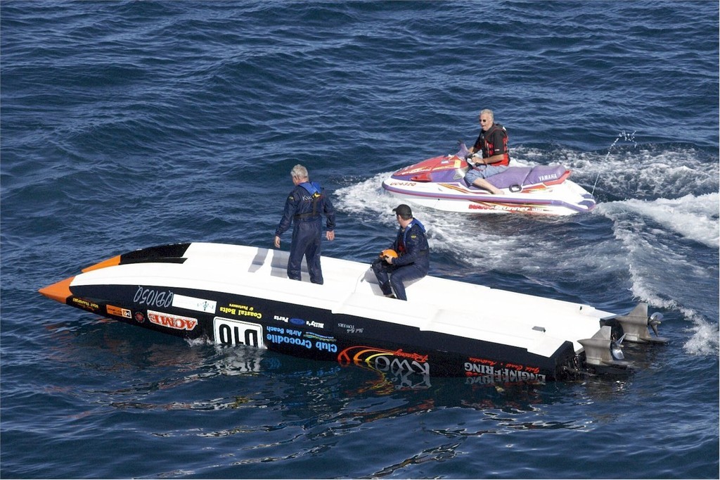 Nicolls and Harris luck to escape aboard Kwozzy - Gold Coast 100 © Australian Offshore Powerboat Club http://www.aopc.com.au