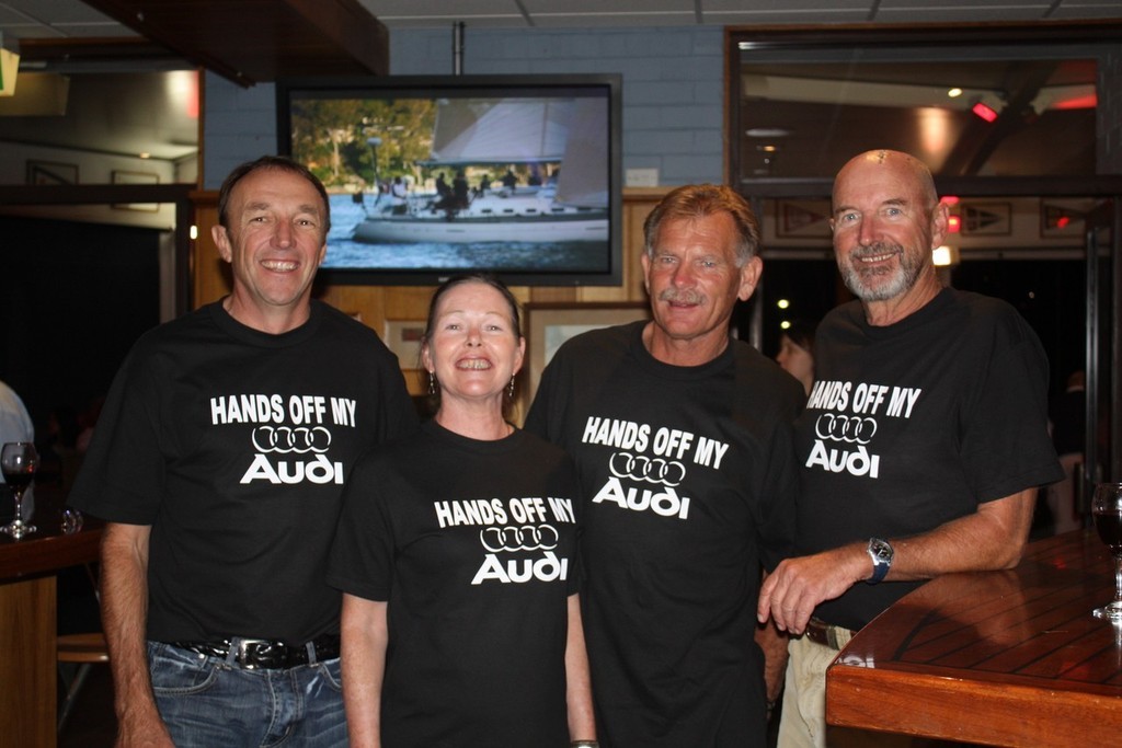 Hands off my Audi - left, John Bacon, owner of Sydney 39 Hussy with crew Trish and Warren Taylor and John Buckland,  get into the spirit of the RPAYC Twilight series - RPAYC Audi Bill Buckle Twilight Series photo copyright Damian Devine taken at  and featuring the  class