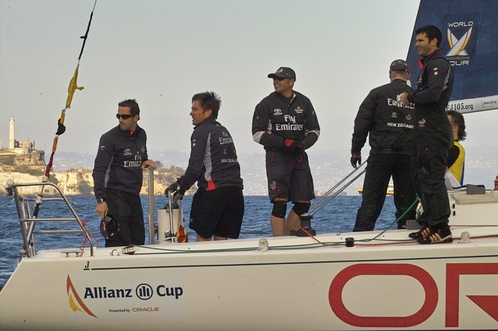 Ben Ainslie and the Emirates Team New Zealand crew pause in the fainsla of the Allianz Cup © Chuck Lantz http://www.ChuckLantz.com