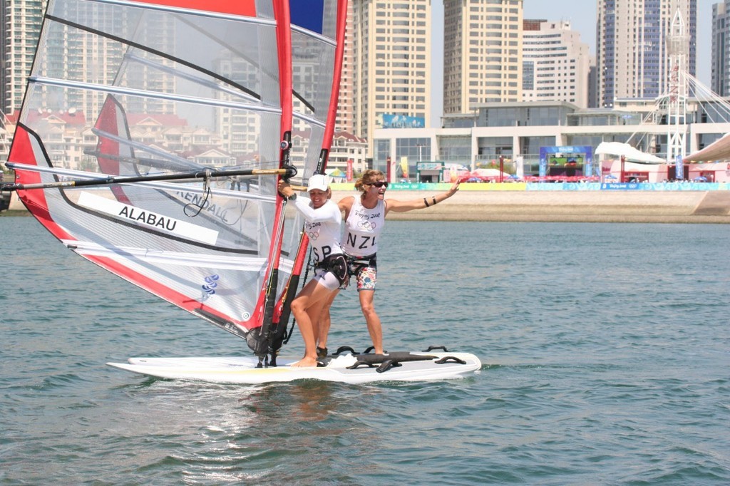 Barbara Kendall (NZL) and Marina Alabau (ESP) 2008 Olympics - before the start of the RS:X Womens - Medal Race - the last time NZ was represented in the Olympic Winsurfing event © Richard Gladwell www.photosport.co.nz