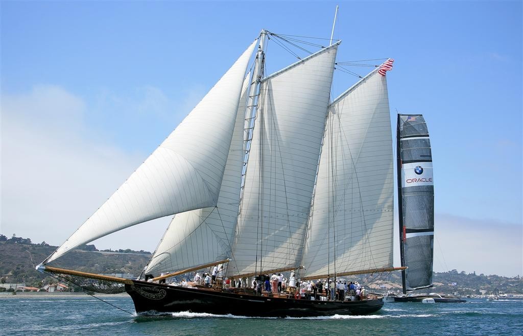 Old and new. America used as spectator boat - BMW Oracle Special event photo copyright Darrall Slater taken at  and featuring the  class