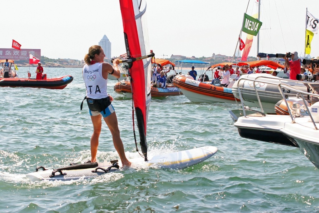 Alessandra Sensini heads into the media pack after finishing the Medal Race at the Qingdao Olympics photo copyright Richard Gladwell www.photosport.co.nz taken at  and featuring the  class