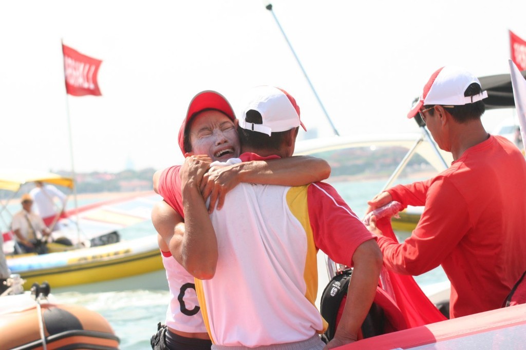 An emotional Jian Yin (CHN) soon after the end of the RS:X Womens - Medal Race © Richard Gladwell www.photosport.co.nz