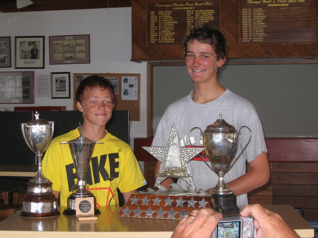 Oscar Rorvik (left) and Thomas Saunders with some of their P-class and Starling trophies at Tauranga Yacht and Power Boat Club © Murray de Lues